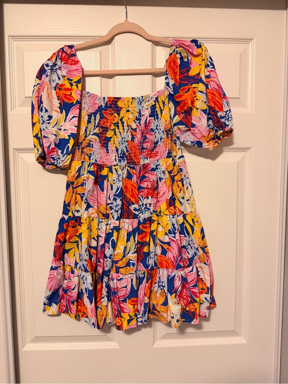 Navy Floral Smocked Mini Dress with Pink & Yellow Accents